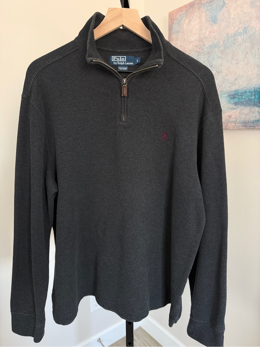 Vintage Polo Ralph Lauren Mens Large Quarter Zip Sweater Dark Gray Cotton Pony